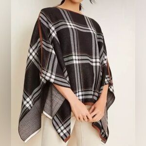 NWT Ann Taylor Black & White Plaid Cape with Brown Trim - One Size